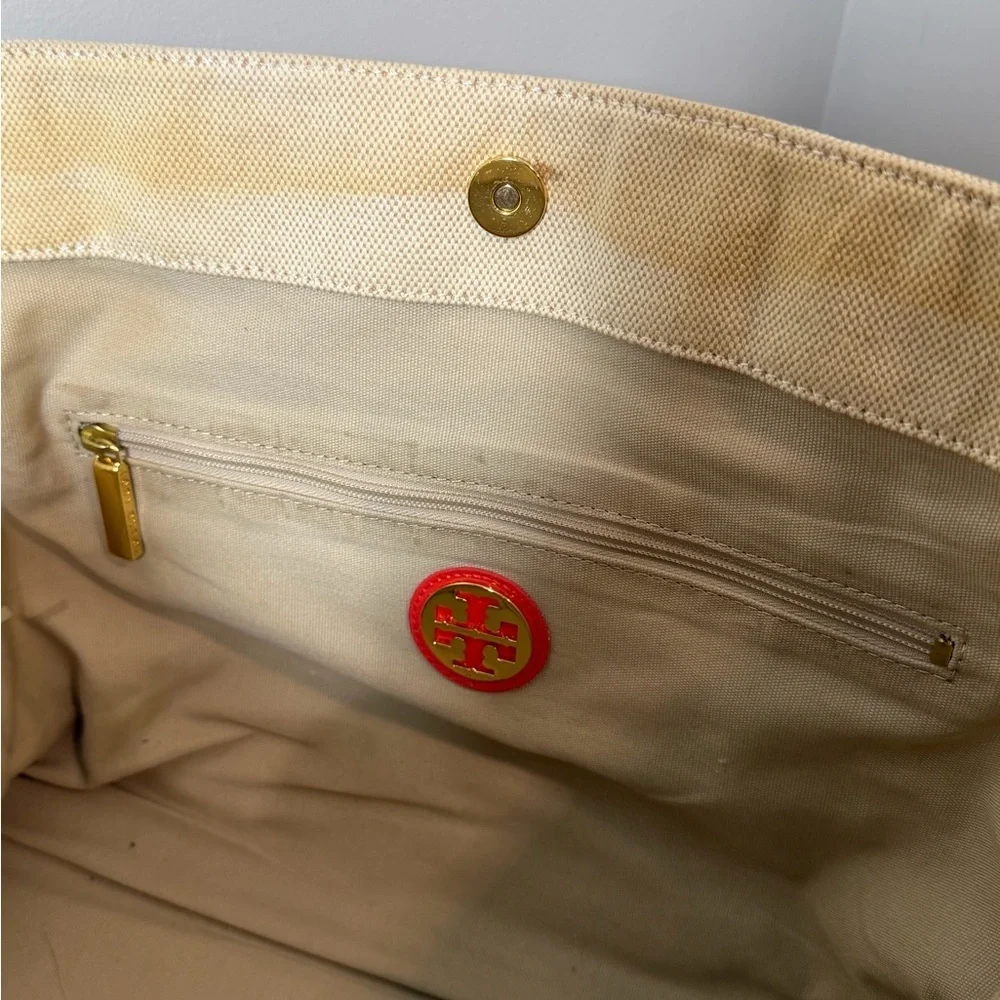 Tory Burch canvas and patent leather mini tote bag in a cream and red colorway